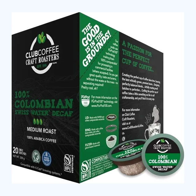 Club Coffee 100% Colombian Swiss Water Decaf 20 Pack