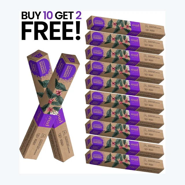 10+2 Free: Biodegradable Colombian Organic - Single Origin, 100% Arabica, Nespresso Compatible Capsules