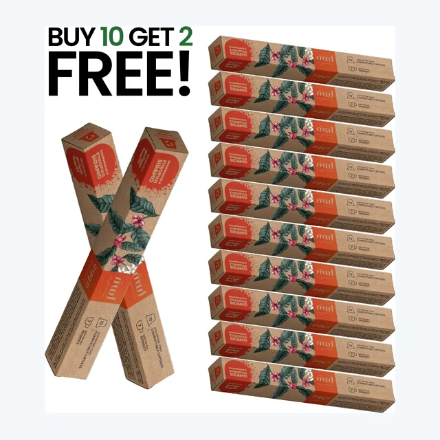 10+2 Free: Biodegradable Ethiopian Sidamo – Single Origin, 100% Arabica, Nespresso Compatible Capsules