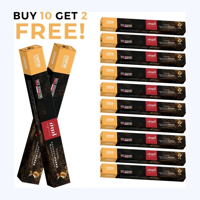 10+2 Free: Ethiopian Sidamo 100% Arabica Nespresso Compatible Aluminium Capsules