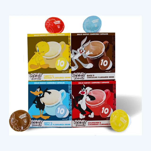Looney Tunes Flavoured Milk Gift Pack - Strawberry, Vanilla, Chocolate & Banana Flavoured Milk Drink Dolce Gusto Compatible Pods-  Bugs Bunny, Daffy, Sylvester & Donald Character - Warm Milk Drink or Milkshake | 8 Capsules