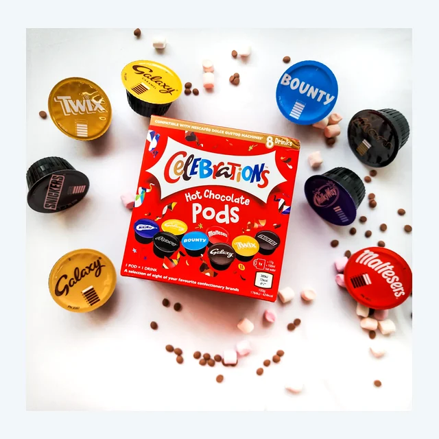 Mars Hot Chocolate Celebrations Dolce Gusto Compatible Capsules - Twix, Mars, Bounty, Snickers, Galaxy, Malteser, Milkyway & Galaxy Caramel - 1 Box, 8 Capsules
