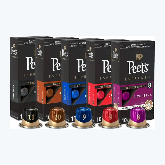 Peet's Coffee Dark, Medium, & Decaf Roast Variety Pack, Box of 50 Nespresso Capsules