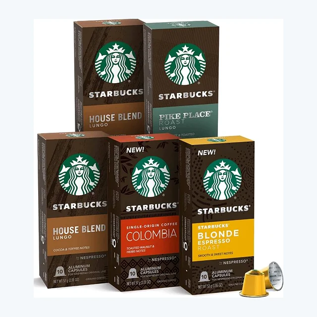 Starbucks Mild Variety Pack (House Blend, Pike Place Roast, Colombia, Blonde Espresso Roast), Box of 50 Nespresso Capsules