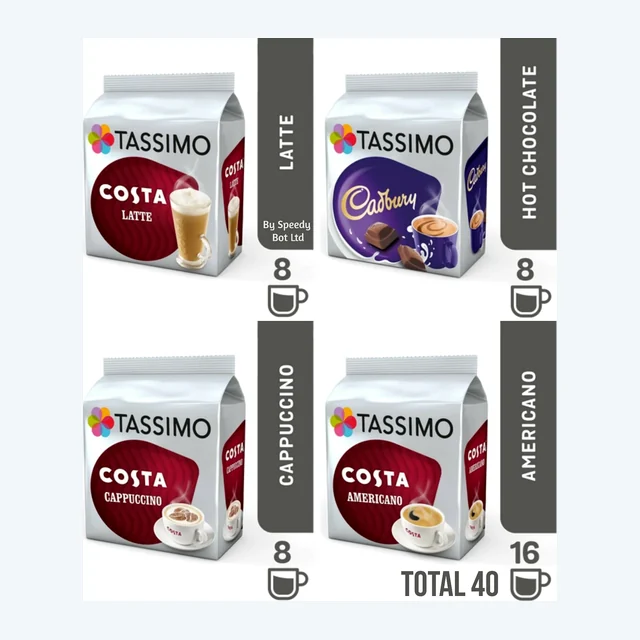 TASSIMO COSTA Variety Pack Box Cappuccino Latte Americano Cadbury Pods 40 Cups