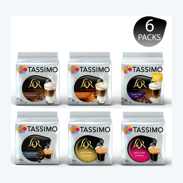 Tassimo LOR Variety Bundle Latte/Double Shot/Caramel/Café Long 6 Packs 72 Cups