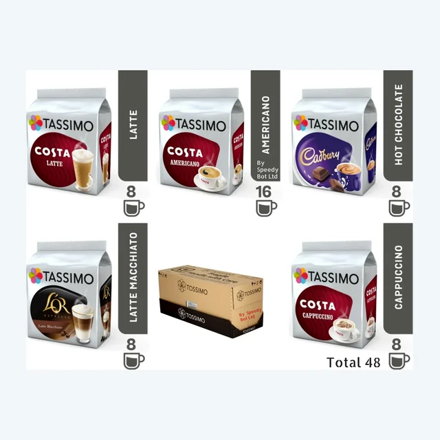 TASSIMO T Discs Refill Pods Costa Coffee Latte Cappuccino Americano Cadbury 48